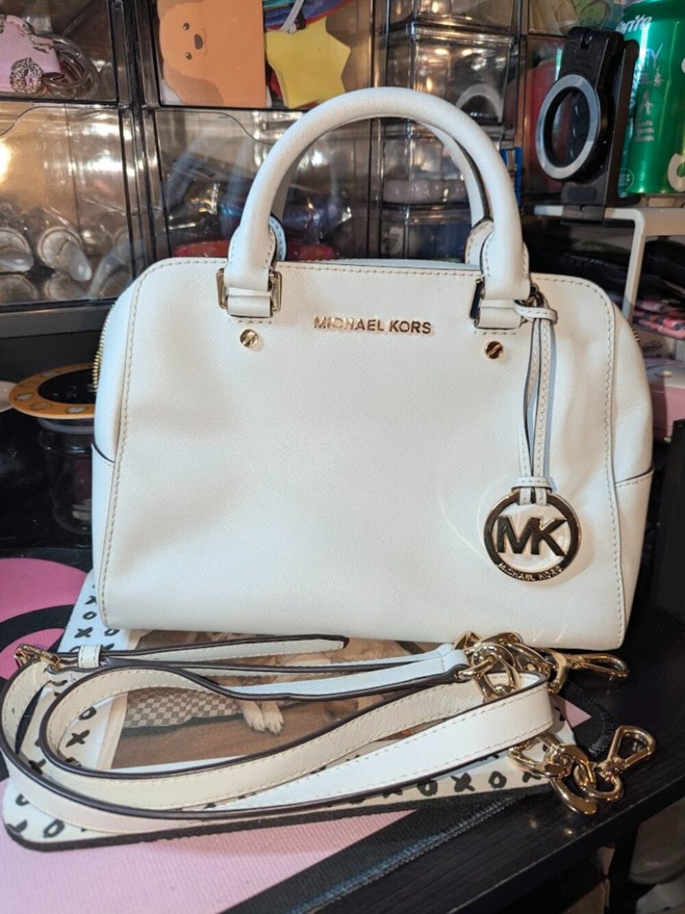 Michael Kors Ciara Medium Saffiano Leather Satchel – Optic White, Gold Hardware